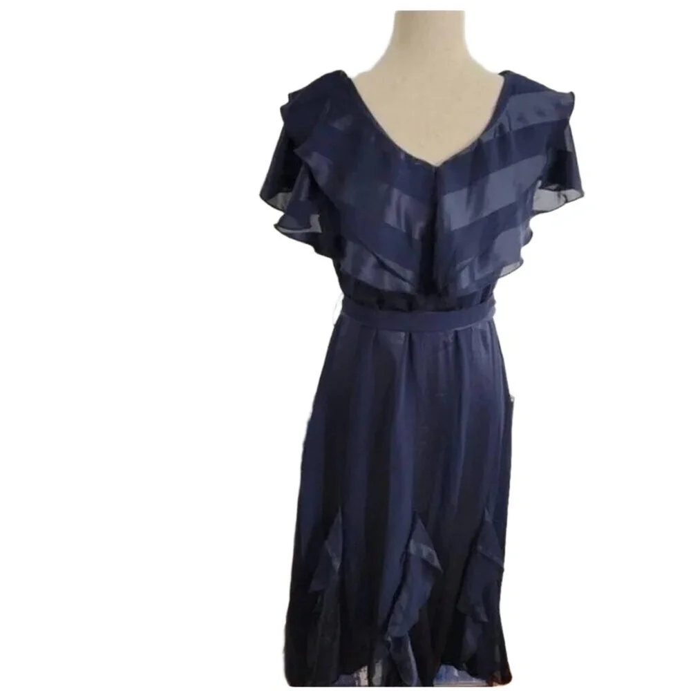 Elizabeth Crosby Navy Ruffle V-Neck Ana Dress size Medium